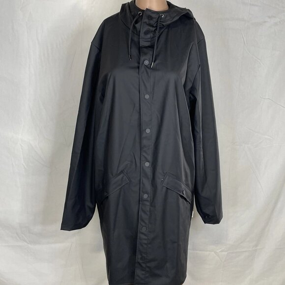 Rains Women's Rain Jacket Black Size S Long Hooded Button Front Waterproof - Picture 1 of 8